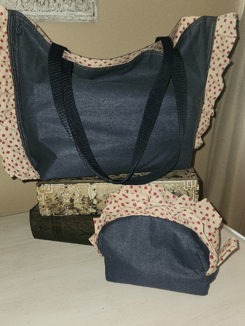 NEW Denim Blue Tote and Cosmetic Bag with Pink Polka Dot Ruffle Trim